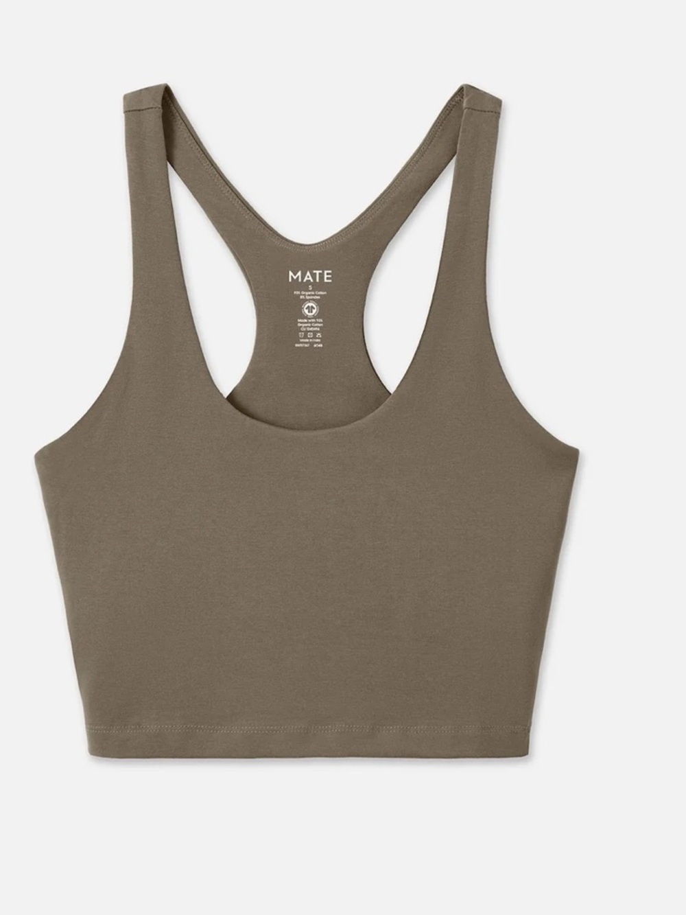 MATE Olive Green Racerback Crop Tank organic cotton size S